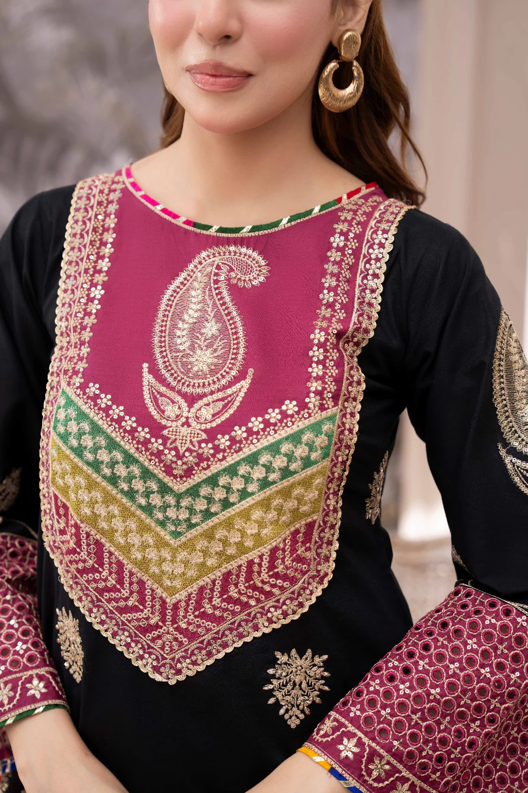 HRM59- Midnight Black & Plum Embroidered 3-Piece Lawn Suit - Image 6