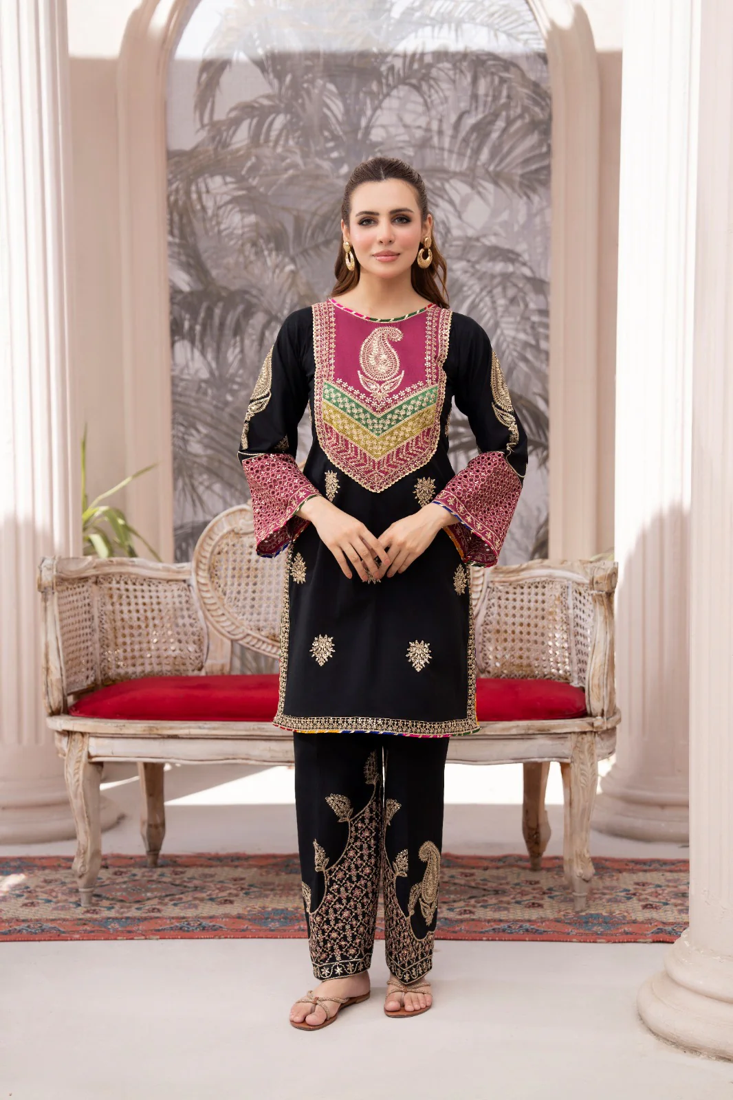 HRM59- Midnight Black & Plum Embroidered 3-Piece Lawn Suit - Image 7