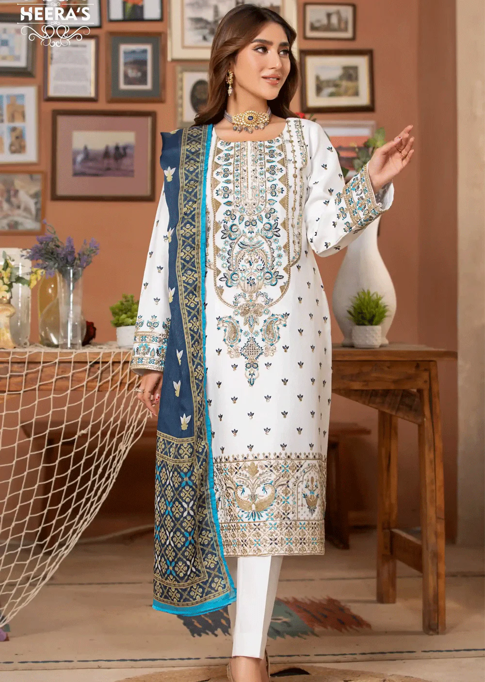 HSS-161 - Readymade - Majestic White Dhanak Suit by Heeras - Image 3