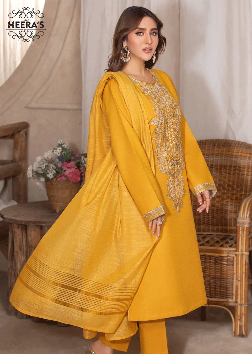 HSS-165 - Readymade - Mustard/Olive Majesty Embroidery suit by Heeras - Image 3