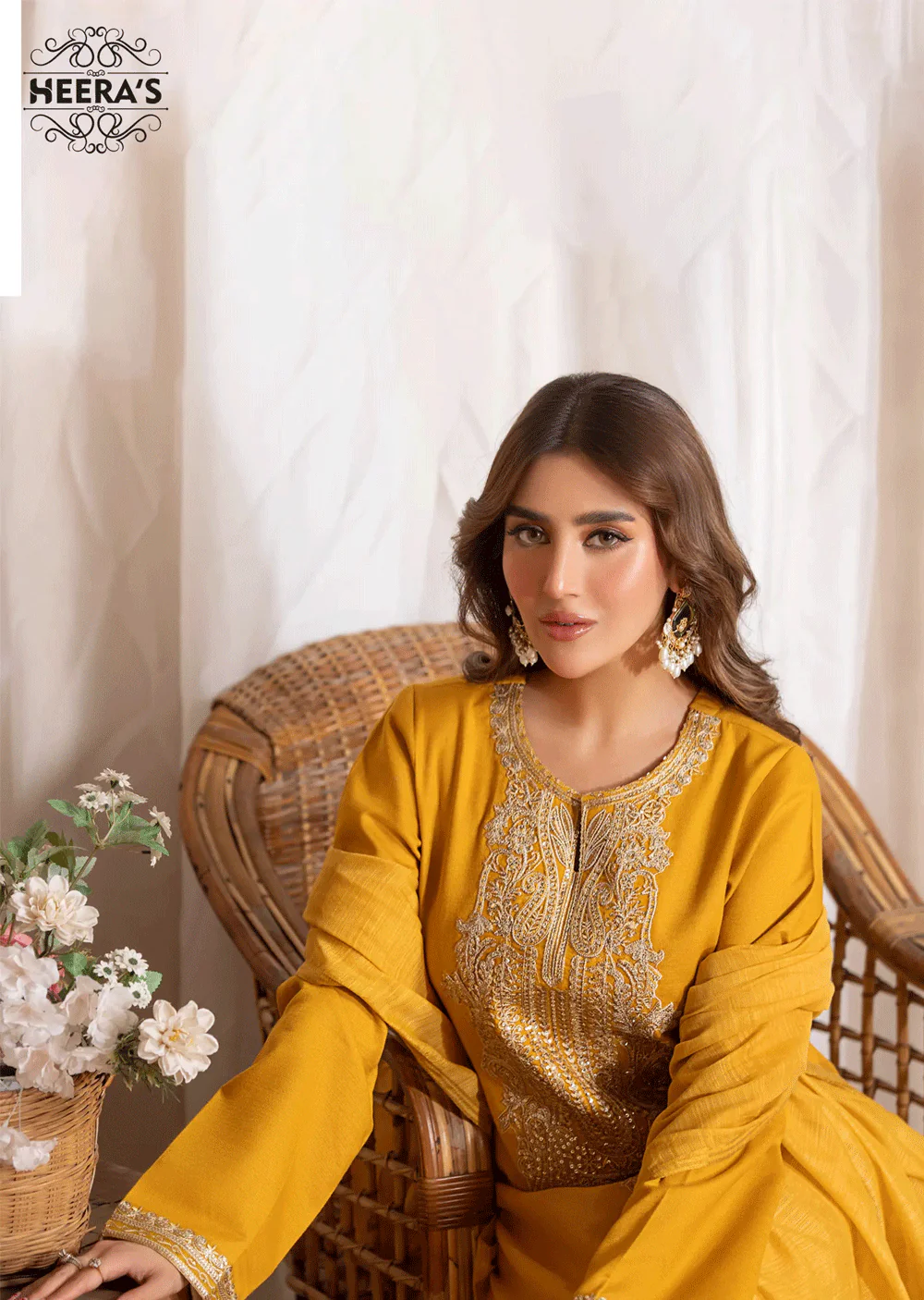 HSS-165 - Readymade - Mustard/Olive Majesty Embroidery suit by Heeras - Image 4