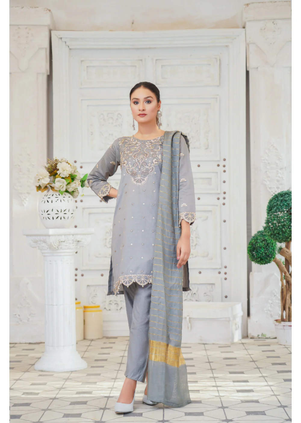 KLD121 Grey Readymade Winter Cotton Net Suit