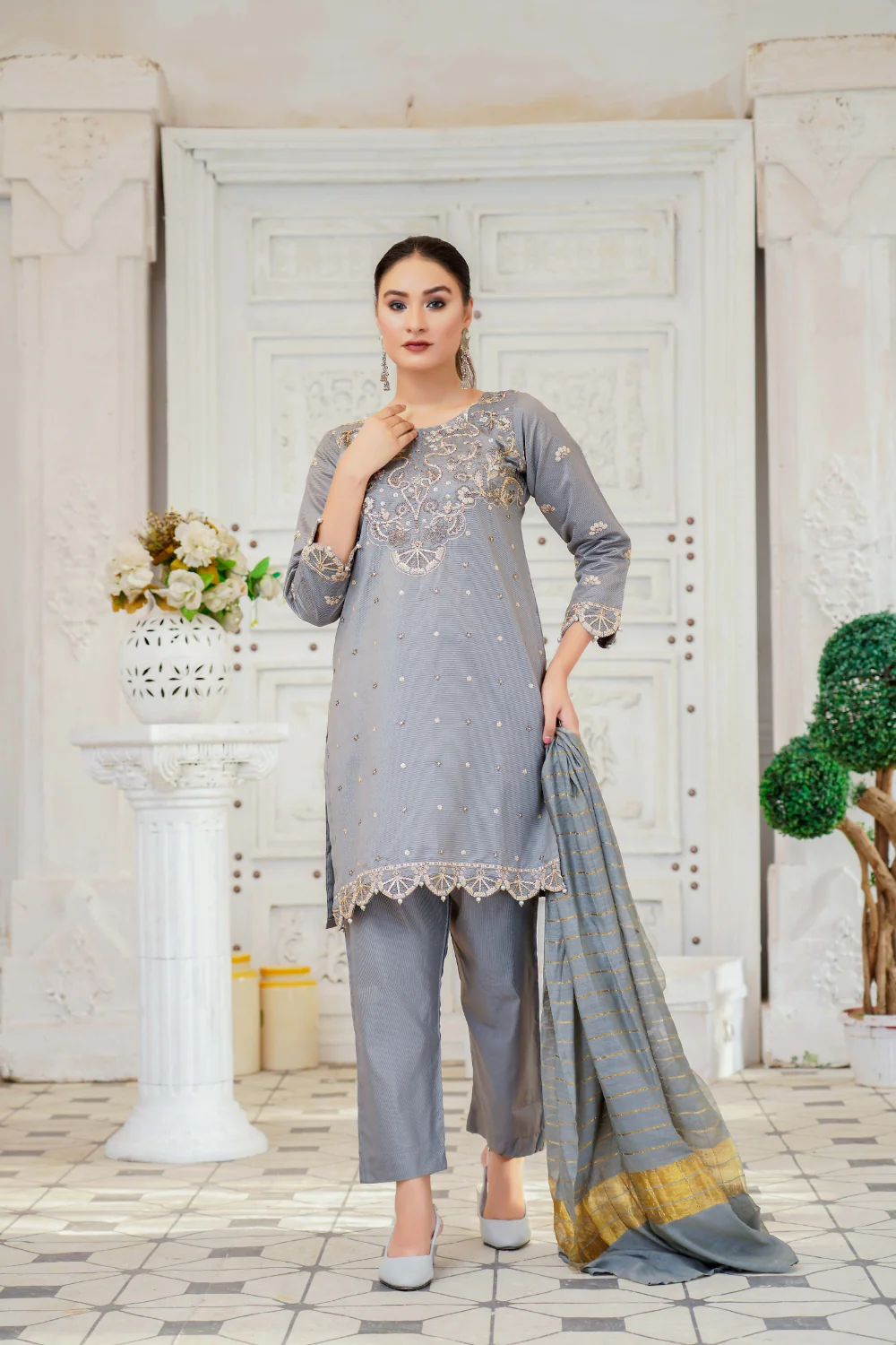KLD121 Grey Readymade Winter Cotton Net Suit - Image 2