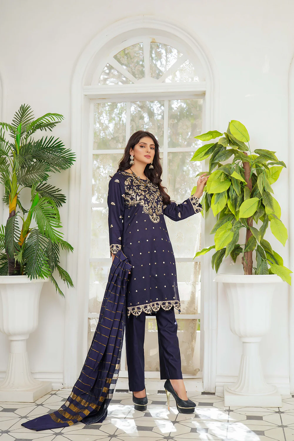 KLD121 Navy Readymade Winter Cotton Net Suit - Image 2