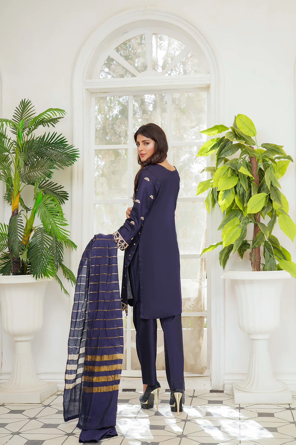 KLD121 Navy Readymade Winter Cotton Net Suit - Image 3