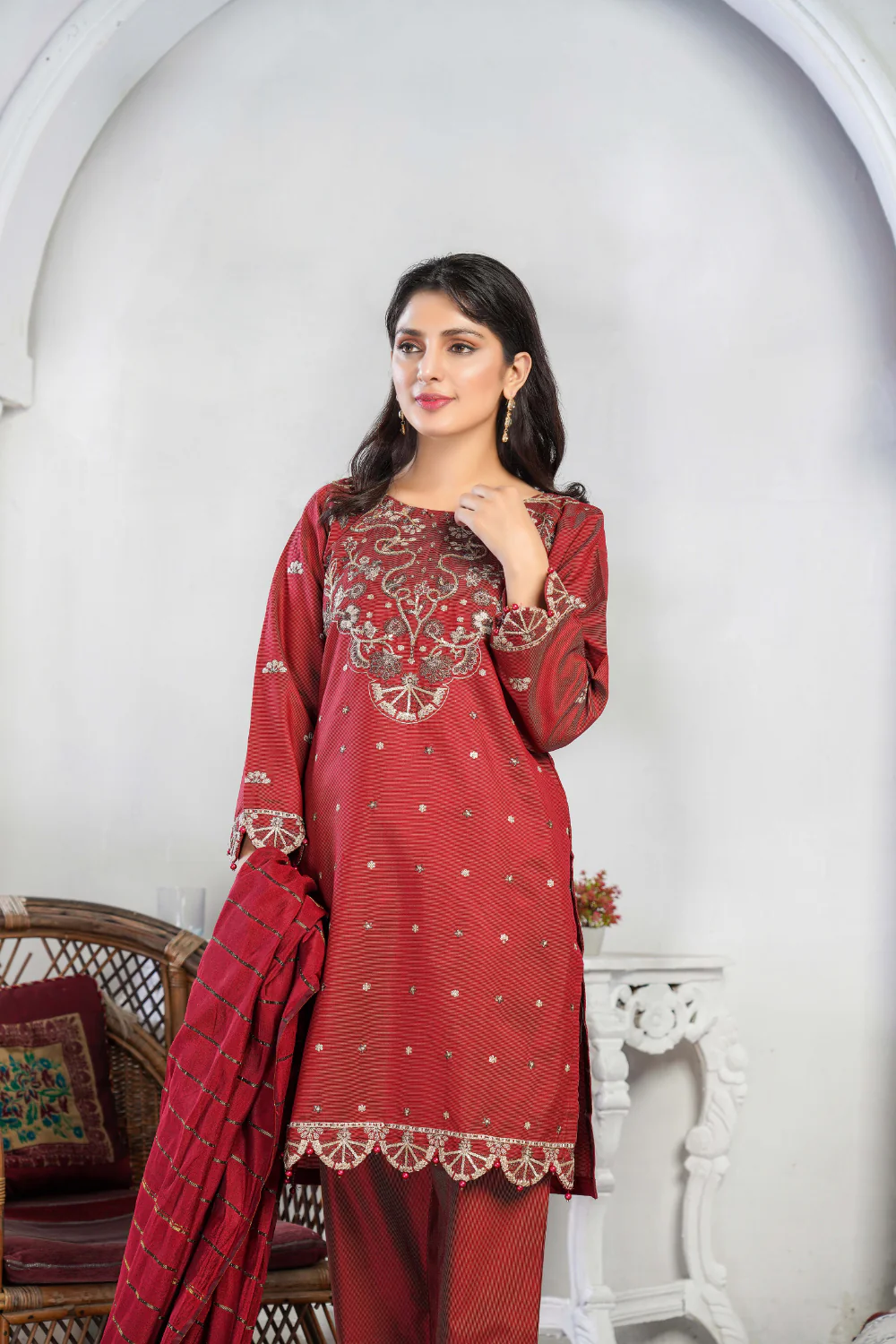 KLD121 Red Readymade Winter Cotton Net Suit - Image 4