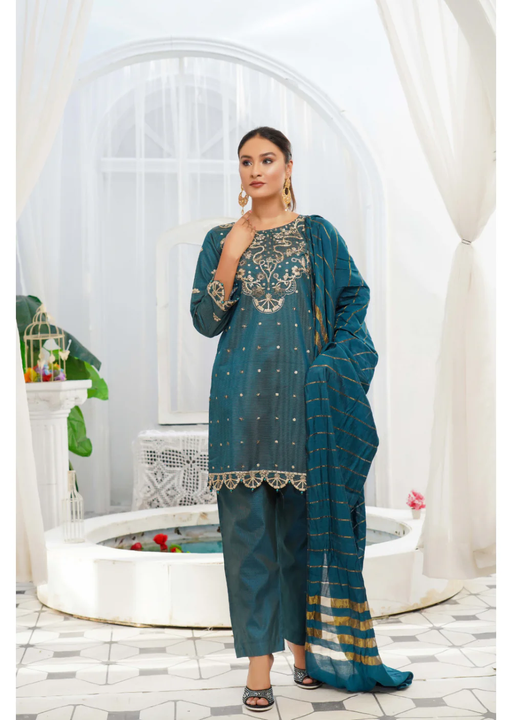 KLD121 Teal Readymade Winter Cotton Net Suit