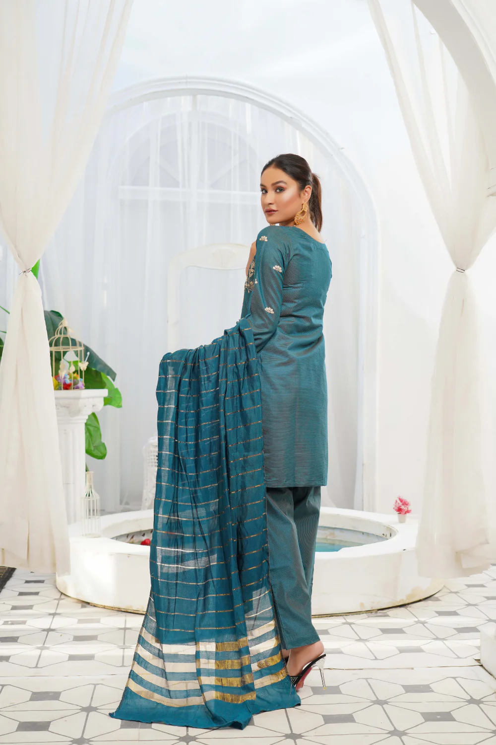 KLD121 Teal Readymade Winter Cotton Net Suit - Image 3