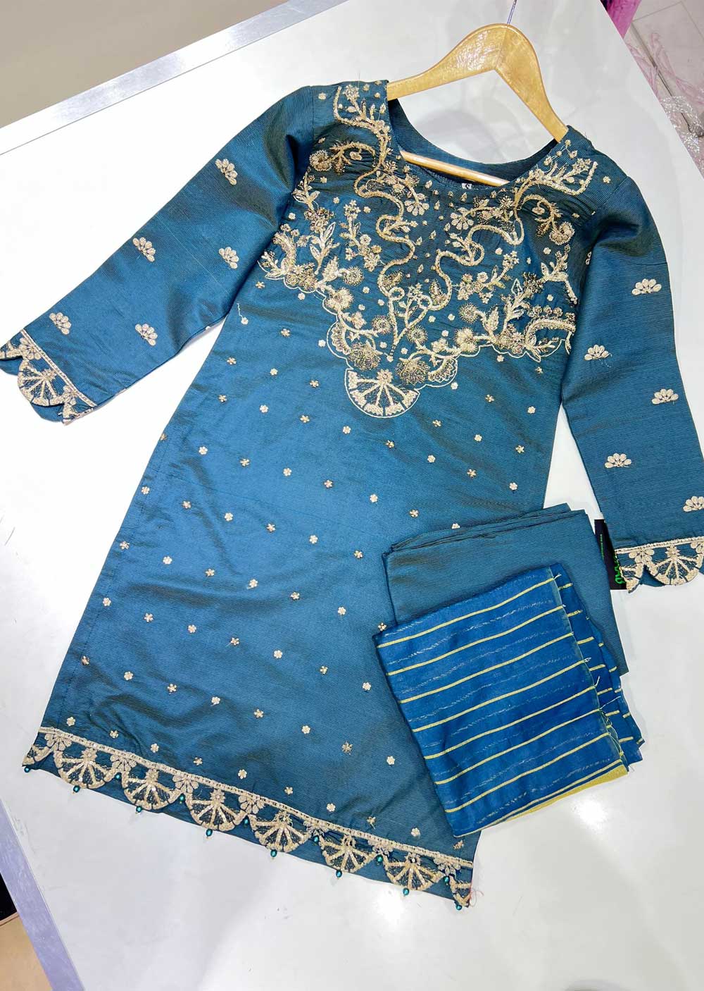 KLD121 Teal Readymade Winter Cotton Net Suit - Image 5