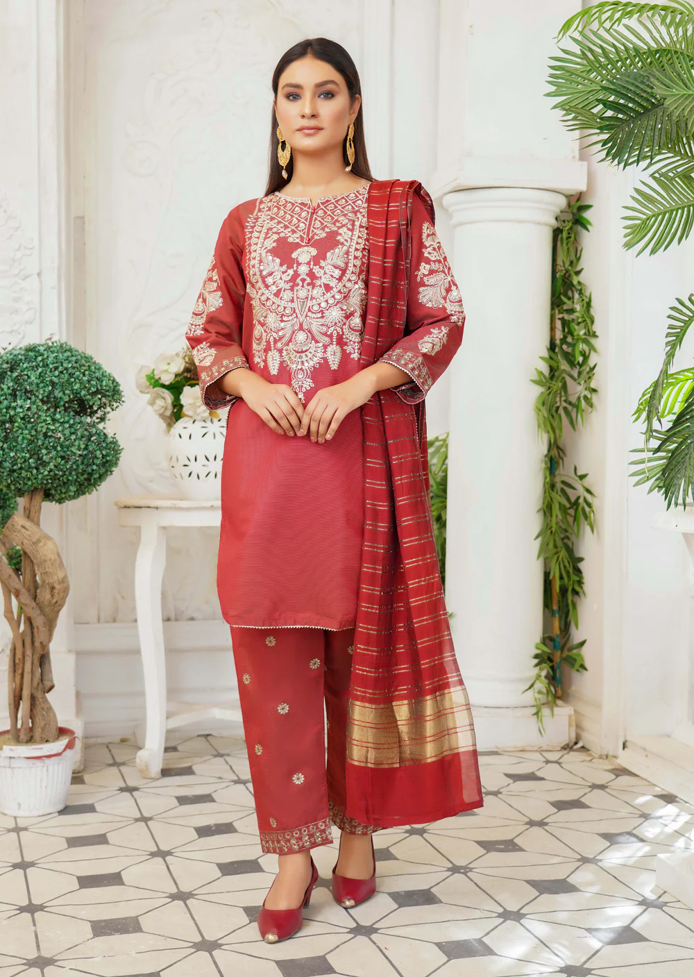 KLD122 Red Readymade Winter Cotton Net Suit