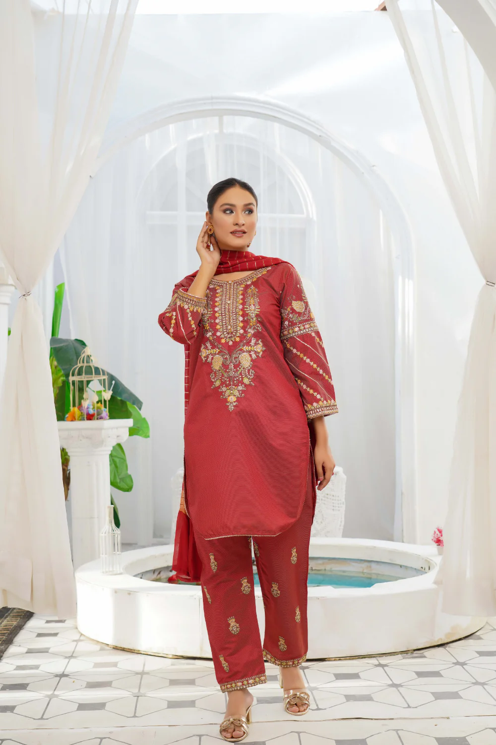 KLD128 Red Readymade Winter Cotton Net Suit - Image 2