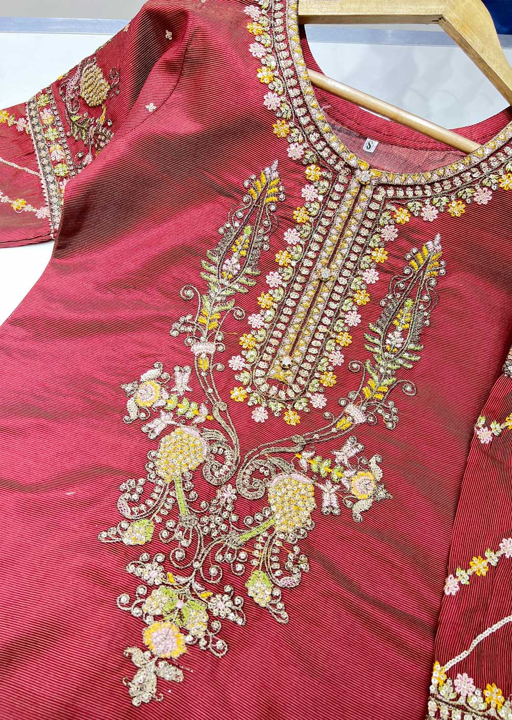 KLD128 Red Readymade Winter Cotton Net Suit - Image 5