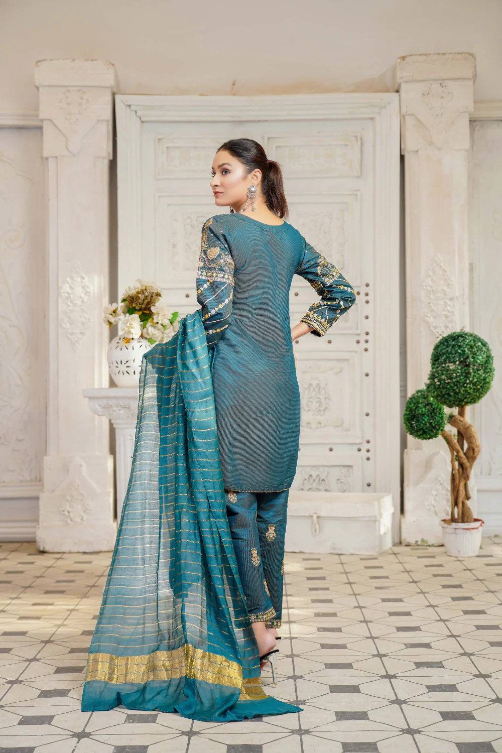 KLD128 Teal Readymade Winter Cotton Net Suit - Image 5