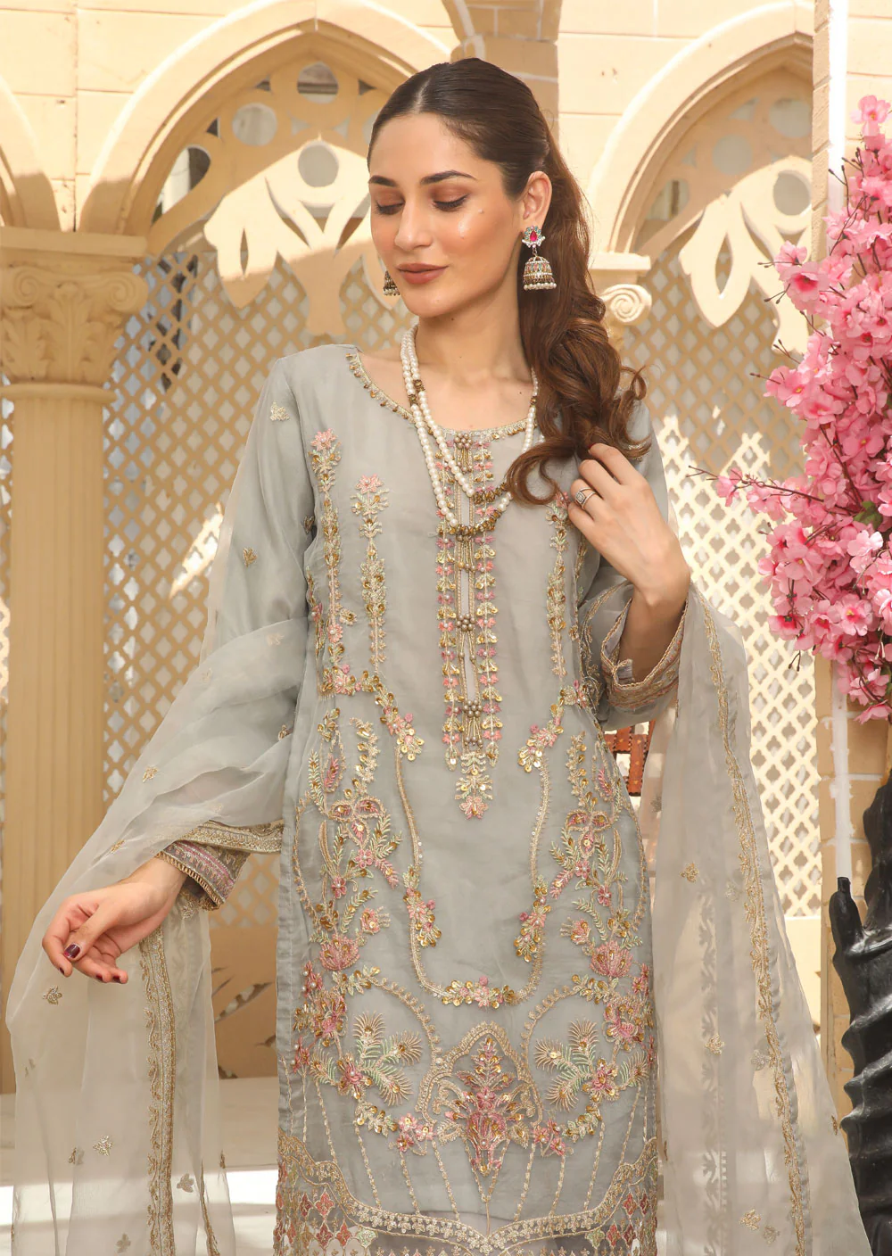 KLD211 Zaybun - Grey Readymade Organza Suit - Image 2