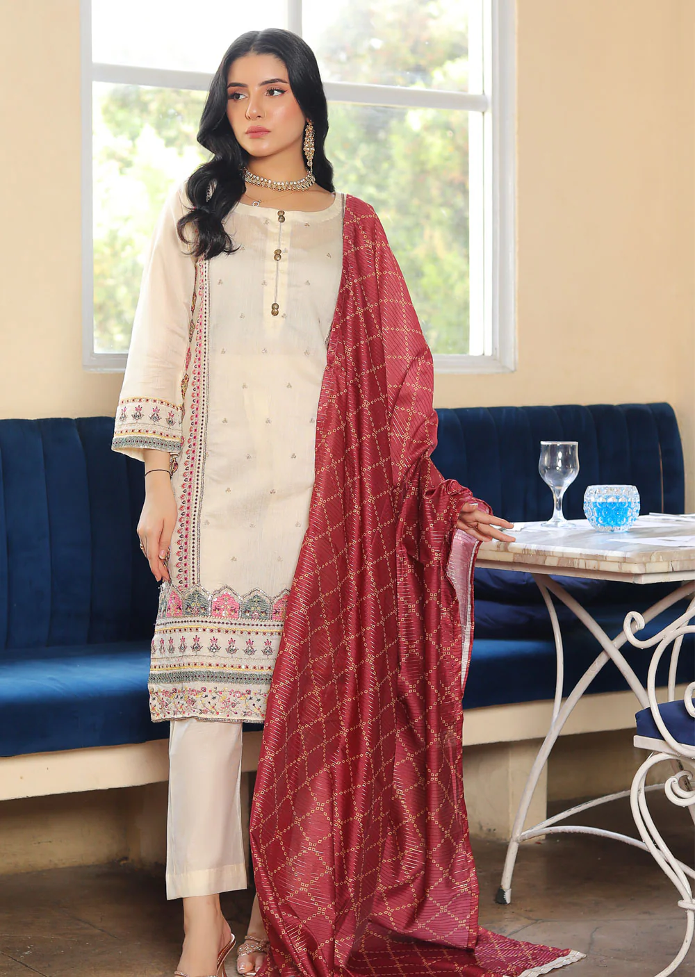 KLD301 Zimal - Cream Readymade Khadi Net Suit - Image 2