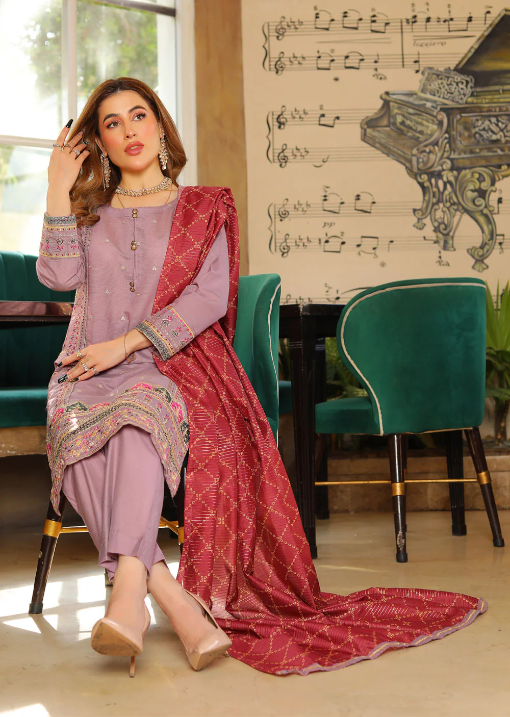 KLD301 Zimal - Lilac Readymade Khadi Net Suit - Image 2