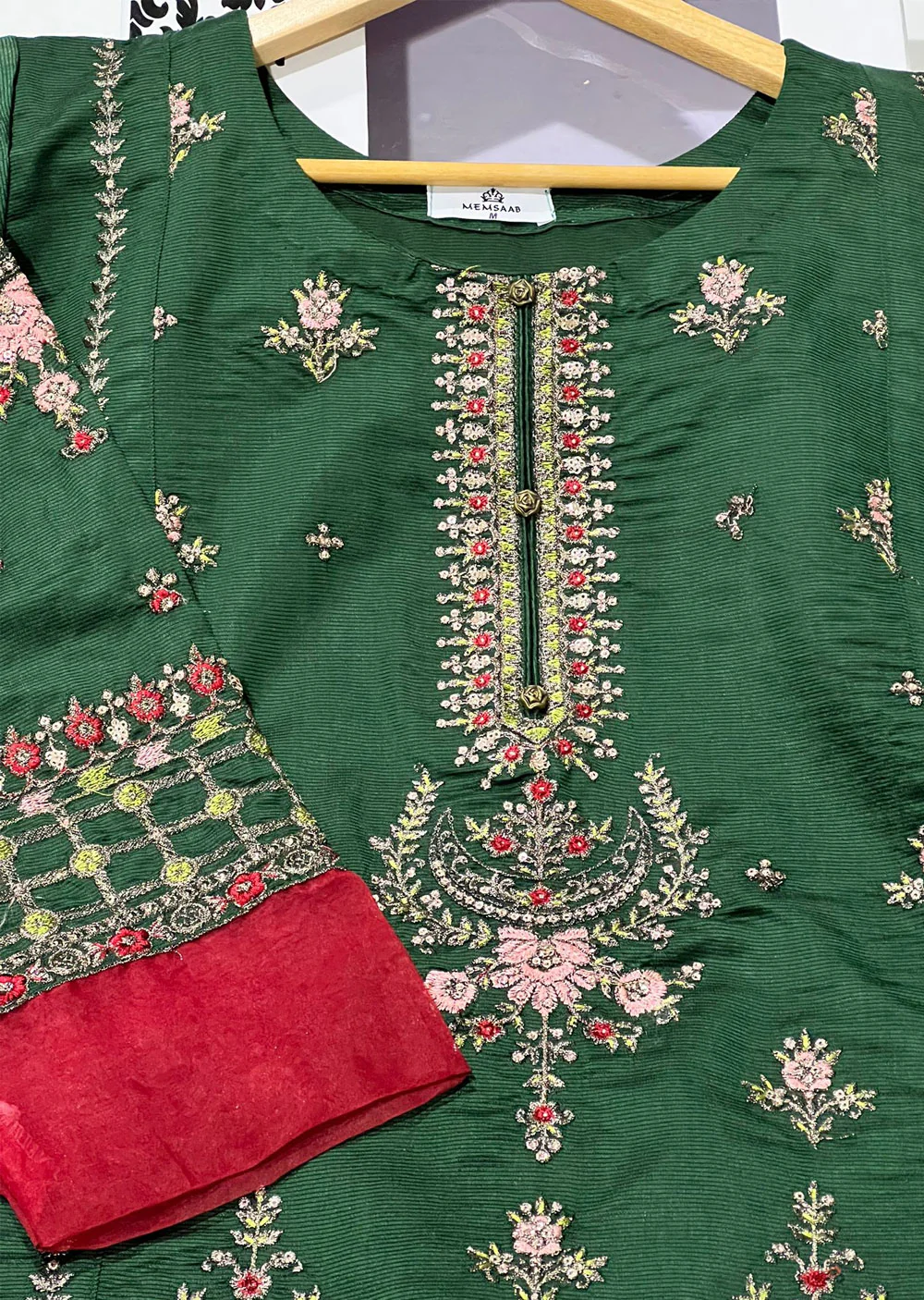 KLD302 Sanaya - Dark Green Readymade Khadi Net Suit - Image 2