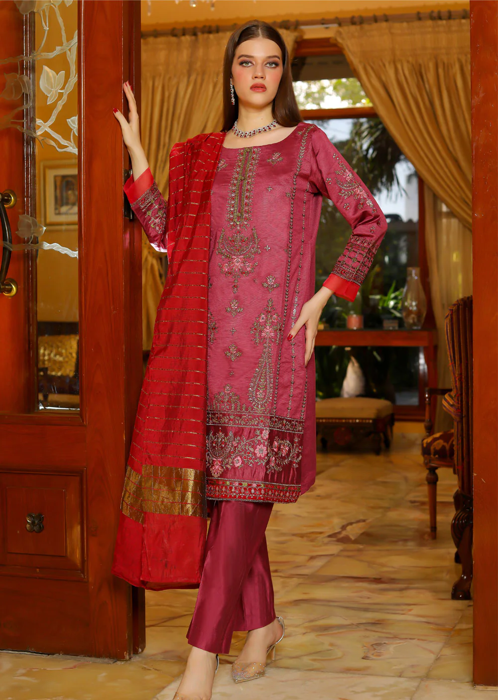 KLD302 Sanaya - Pink Readymade Khadi Net Suit