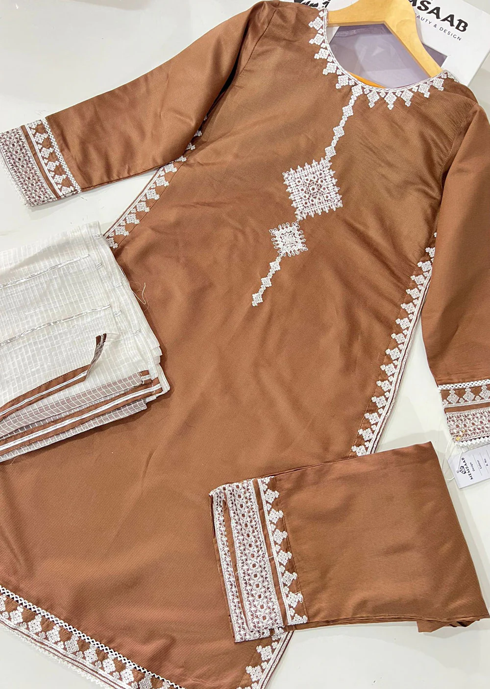 KLD303 Aynoor - Brown Readymade Khadi Net Suit - Image 4