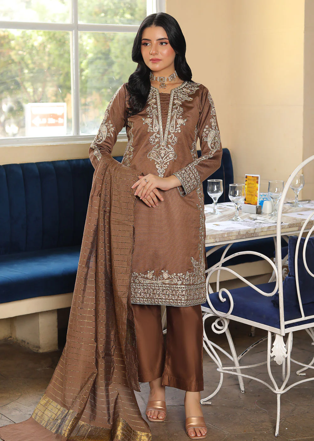 KLD305 Gulnar - Brown Readymade Khadi Net Suit