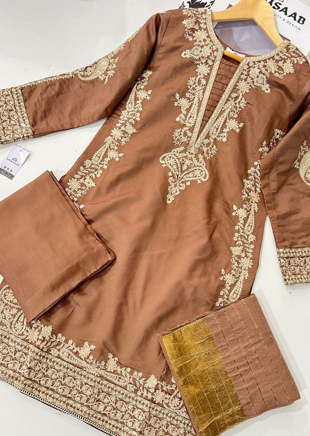 KLD305 Gulnar - Brown Readymade Khadi Net Suit - Image 4