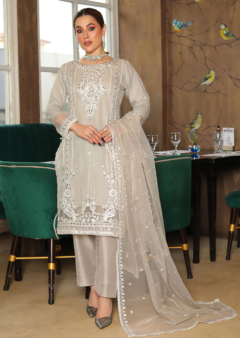 KLD308 Huma - Grey Readymade Organza Suit