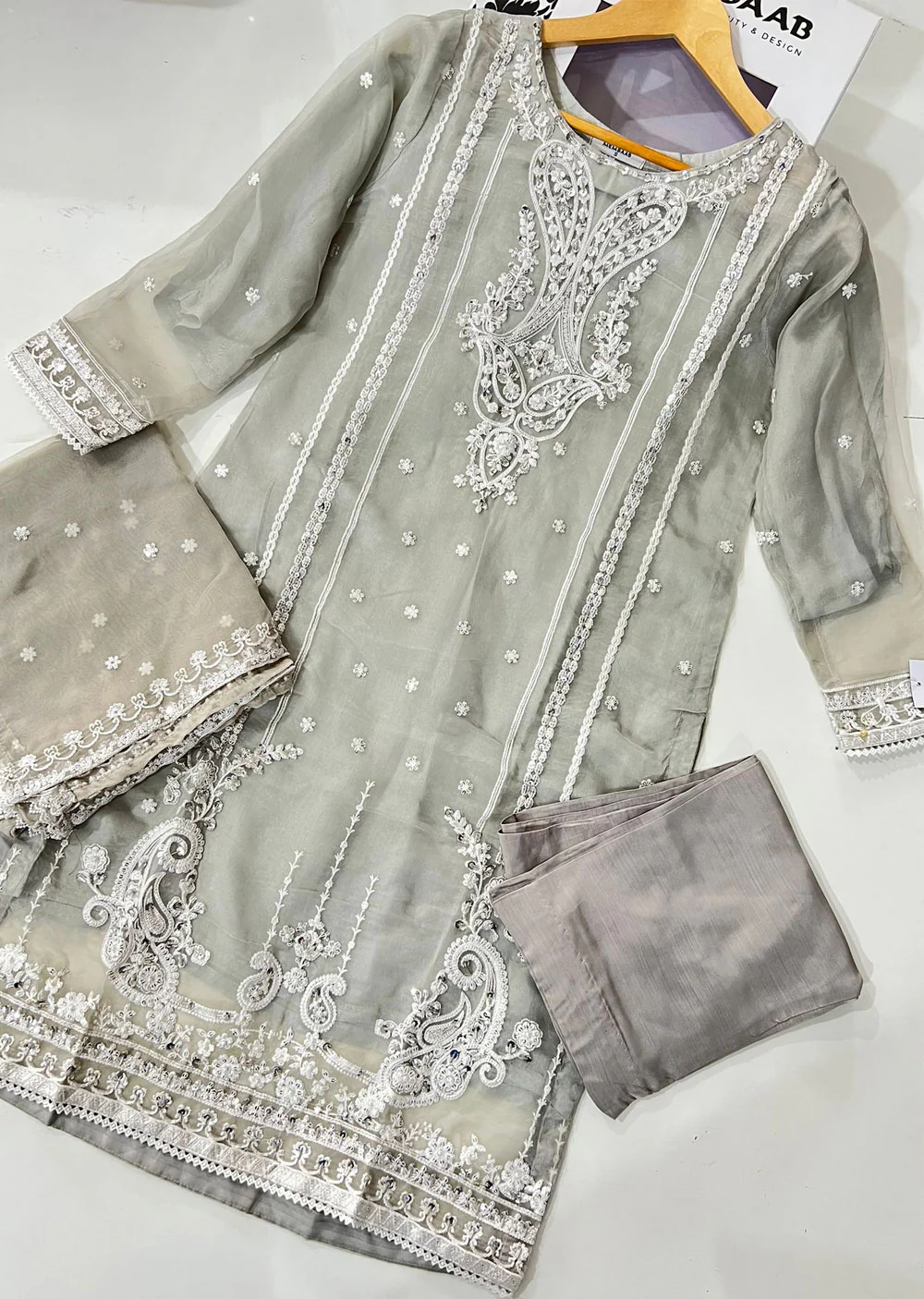 KLD308 Huma - Grey Readymade Organza Suit - Image 3