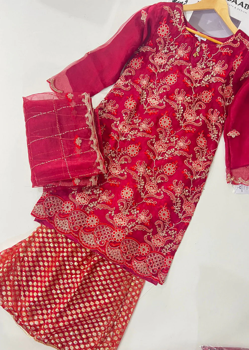 KLD309 Nira - Red Readymade Organza Suit - Image 4