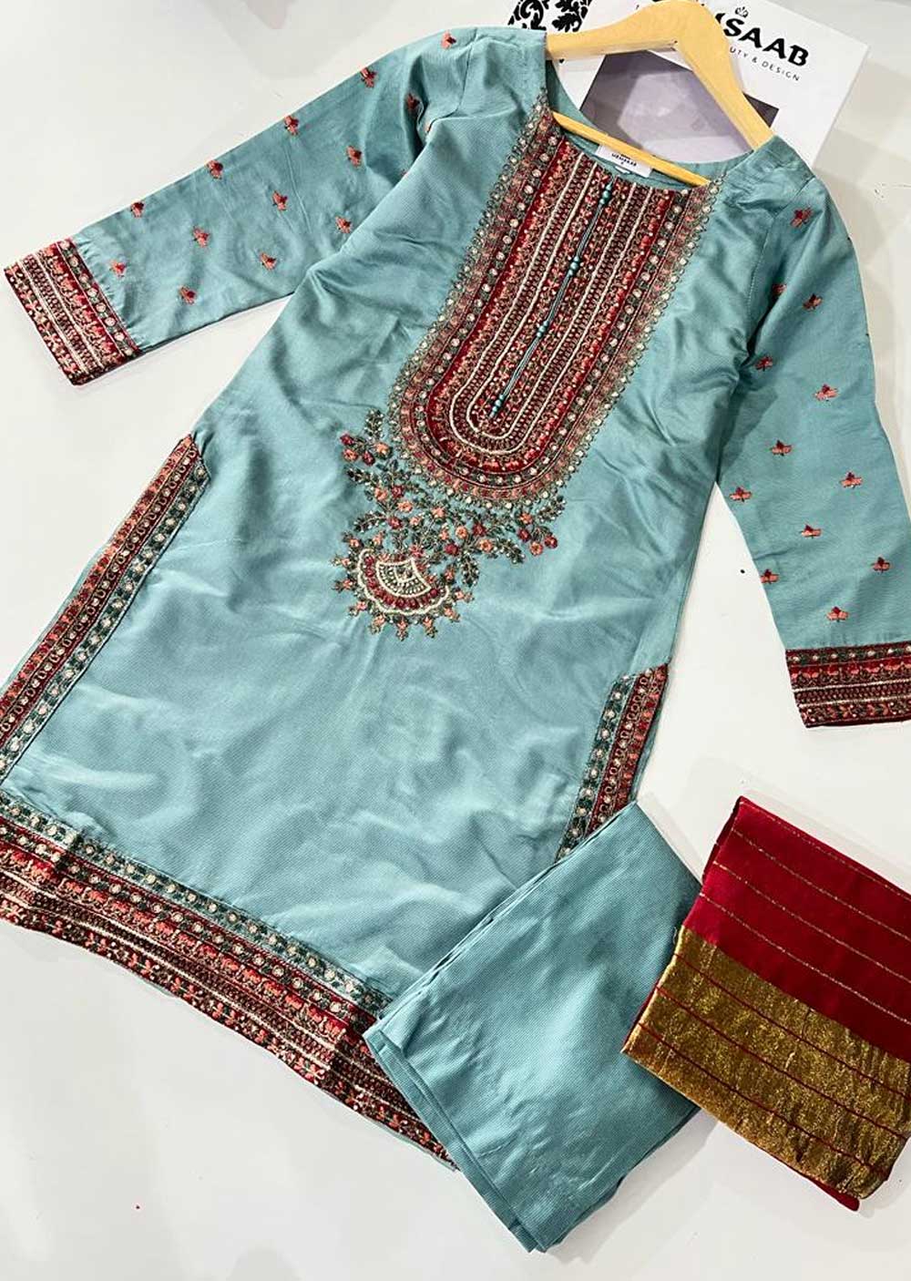 KLD310 Aaria - Blue Readymade Khadi Net Suit - Image 4