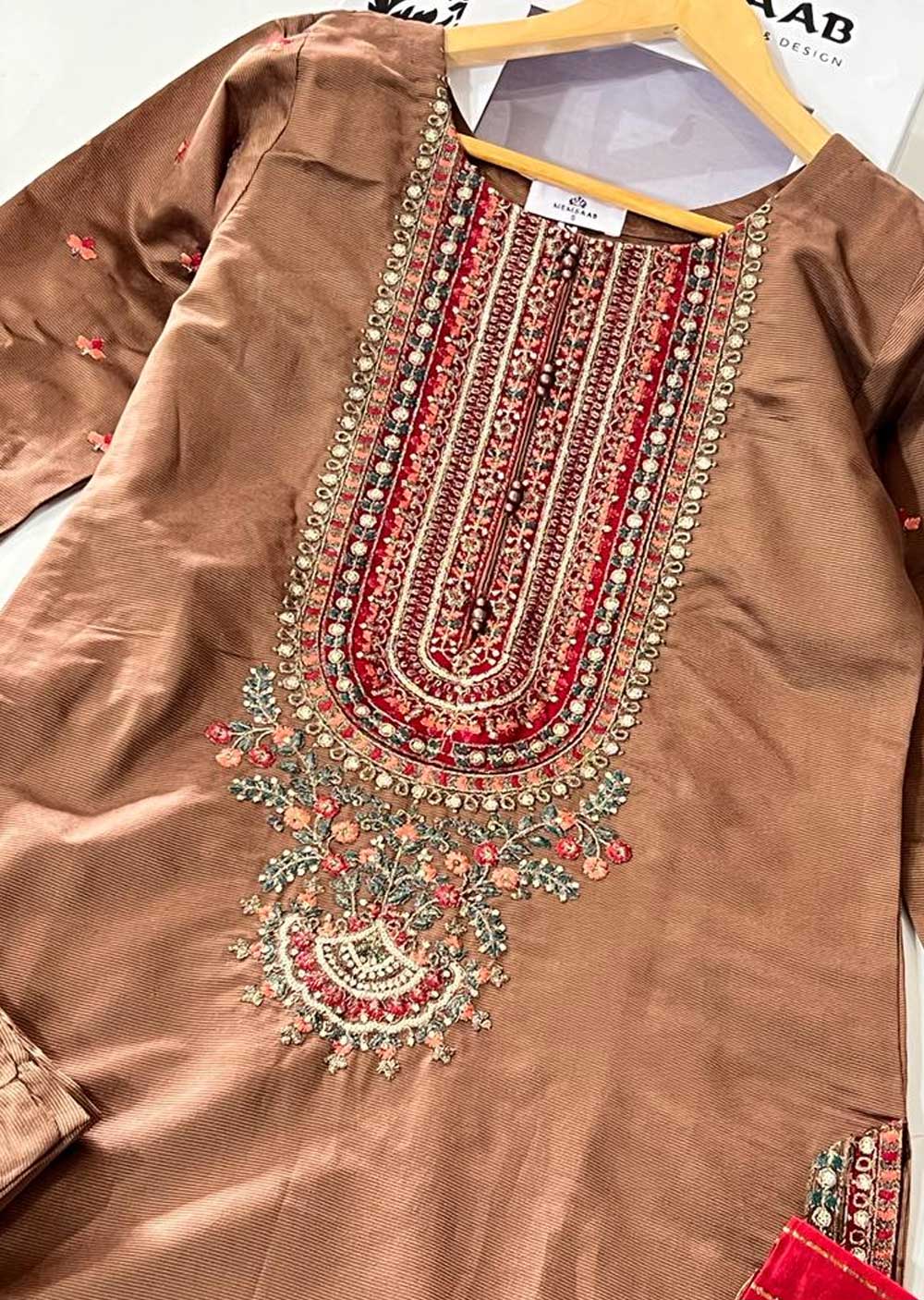 KLD310 Aaria - Brown Readymade Khadi Net Suit - Image 5