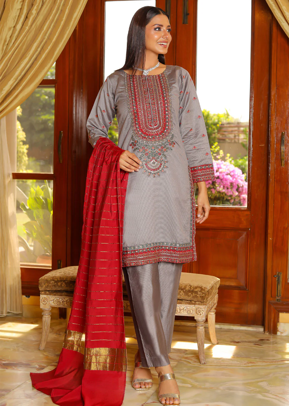 KLD310 Aaria - Grey Readymade Khadi Net Suit