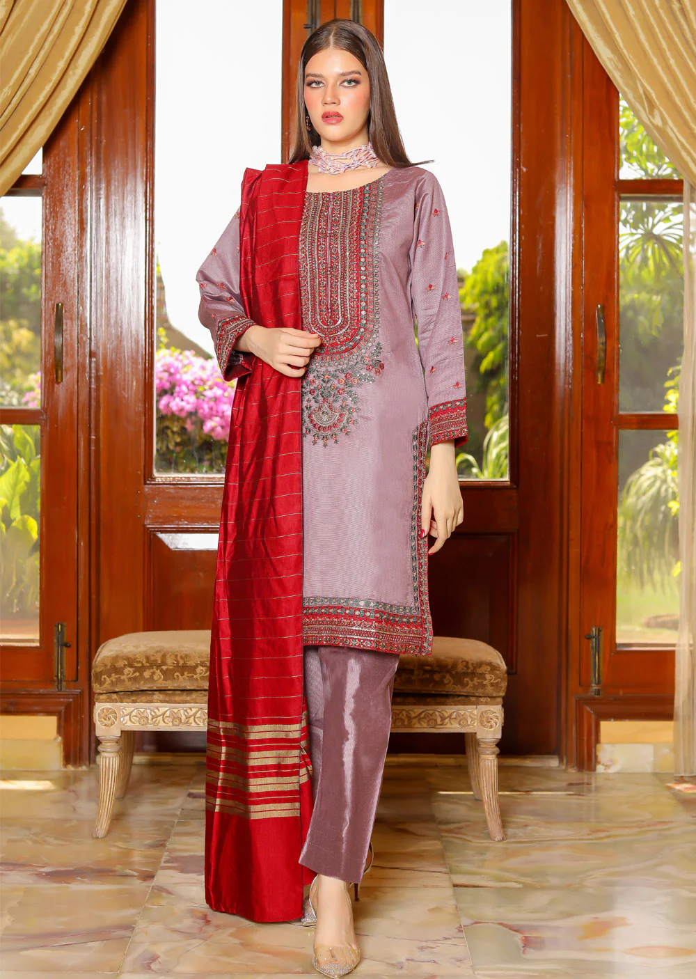 KLD310 Aaria - Lilac Readymade Khadi Net Suit