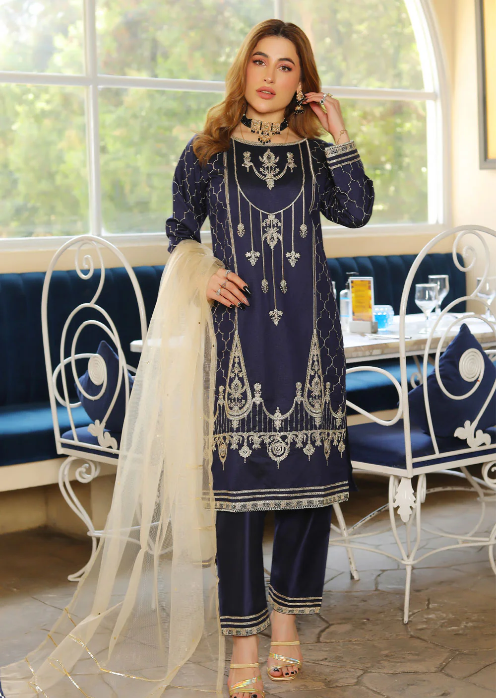 KLD311 Arqa - Navy Readymade Khadi Net Suit