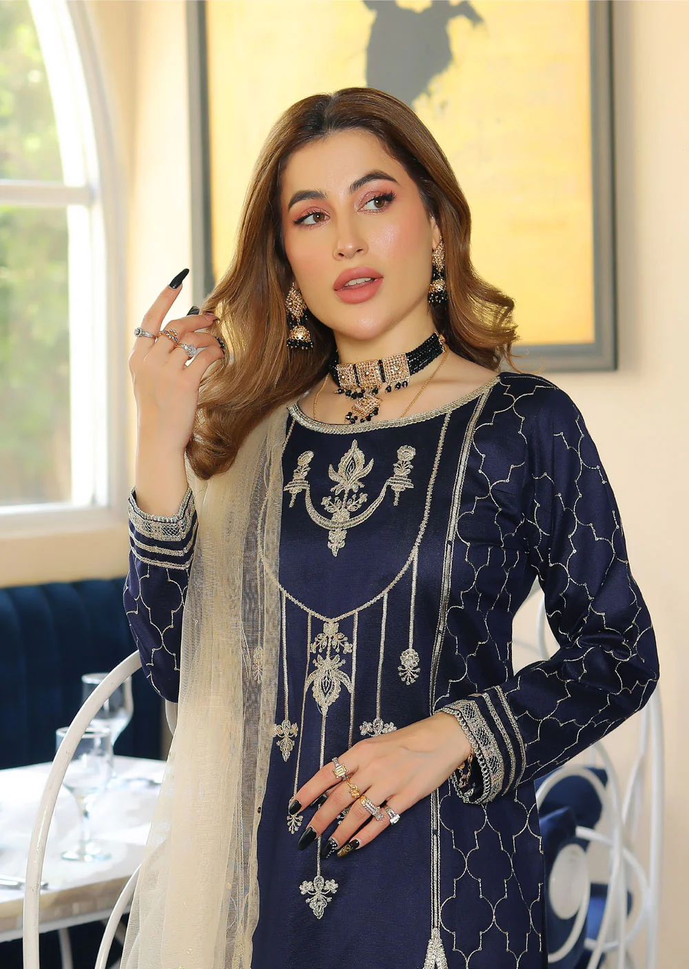 KLD311 Arqa - Navy Readymade Khadi Net Suit - Image 3