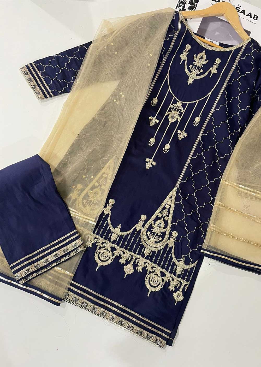 KLD311 Arqa - Navy Readymade Khadi Net Suit - Image 4