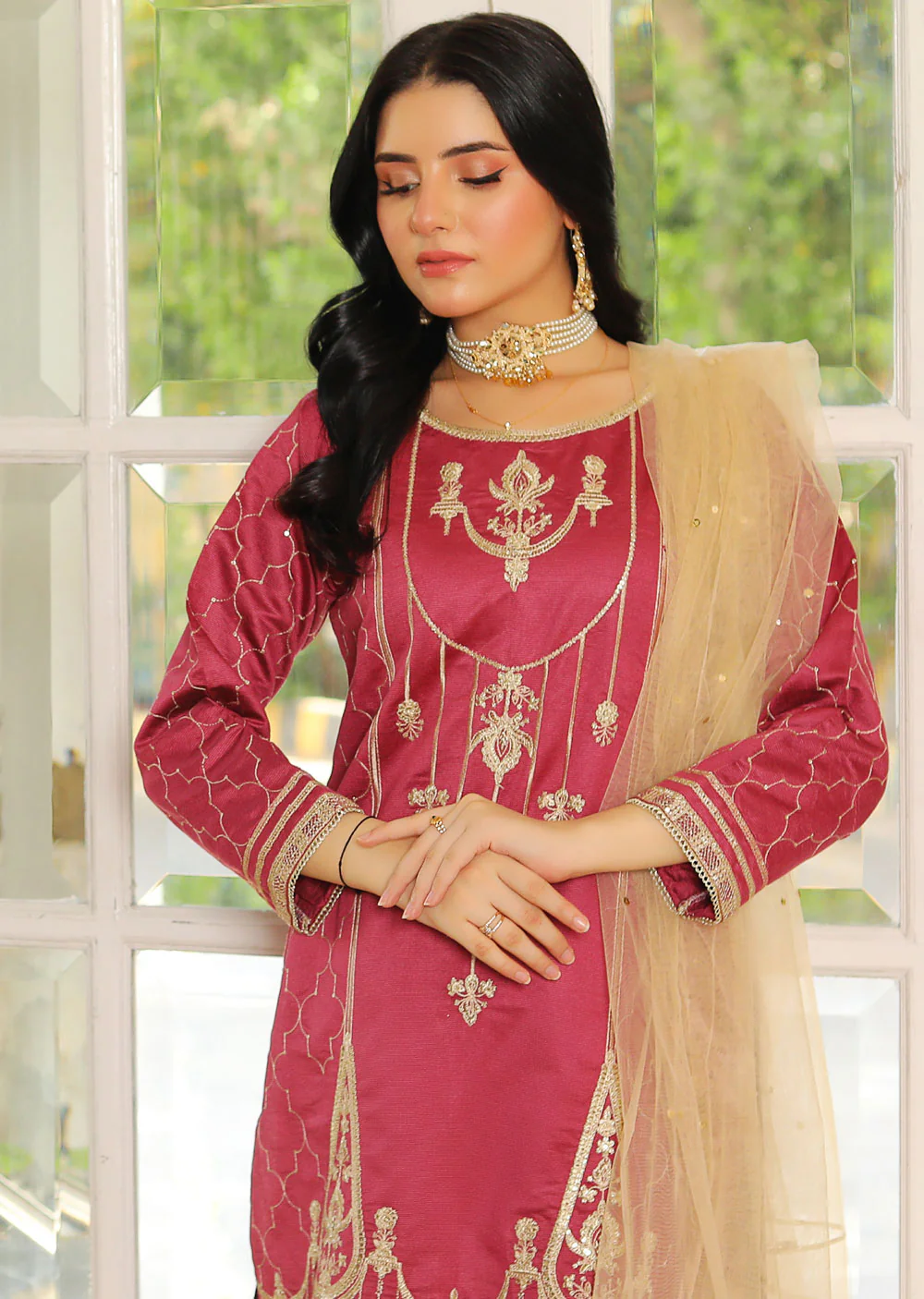 KLD311 Arqa - Pink Readymade Khadi Net Suit - Image 4