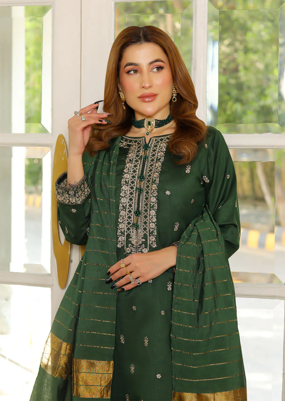KLD314 / KLD1009 Dinah - Green Readymade Khadi Net Suit - Image 3
