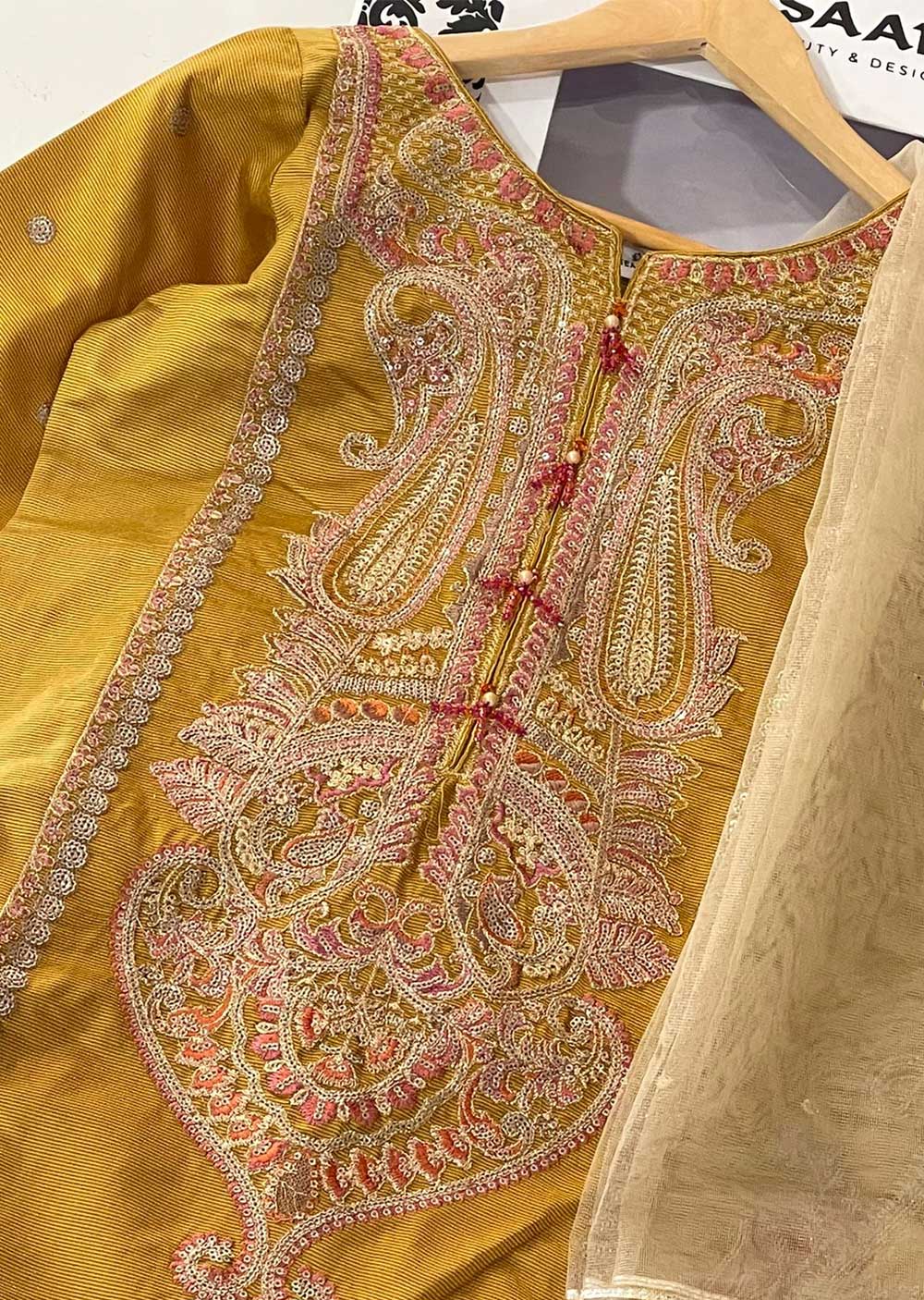 KLD315 Esaaf - Mustard Readymade Khadi Net Suit - Image 5