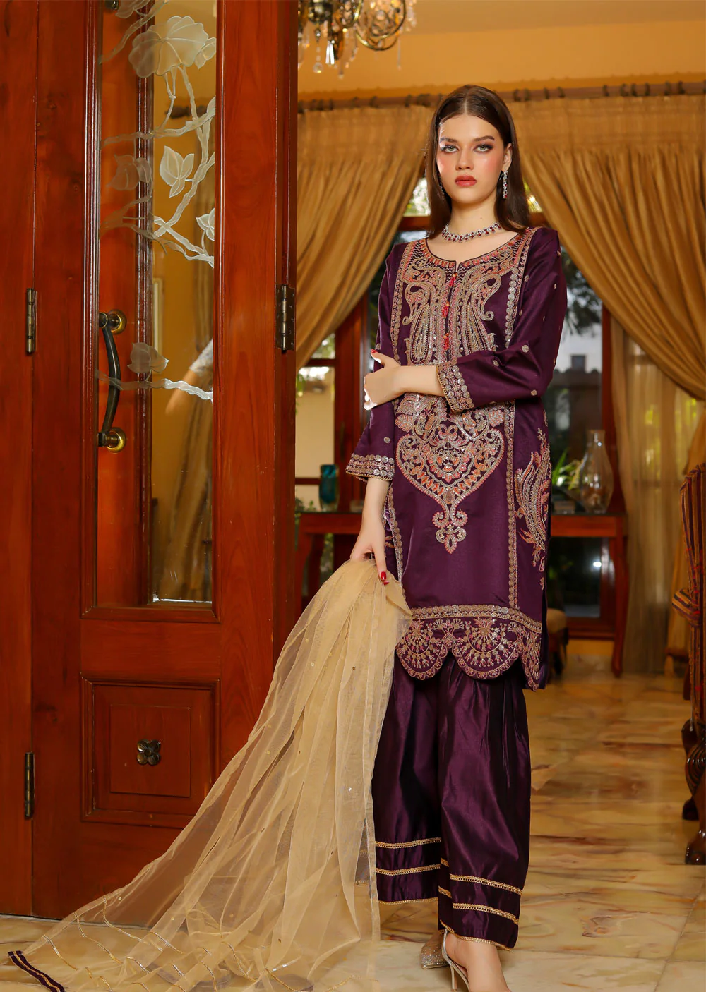 KLD315 Esaaf - Purple Readymade Khadi Net  Suit