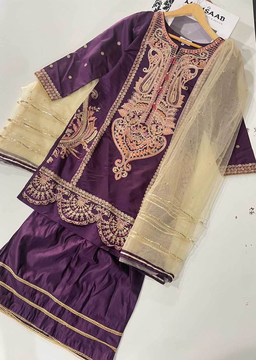 KLD315 Esaaf - Purple Readymade Khadi Net  Suit - Image 3