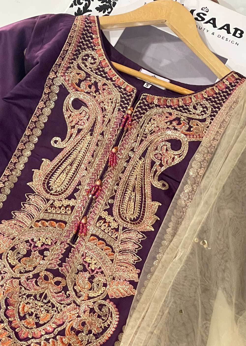 KLD315 Esaaf - Purple Readymade Khadi Net  Suit - Image 4