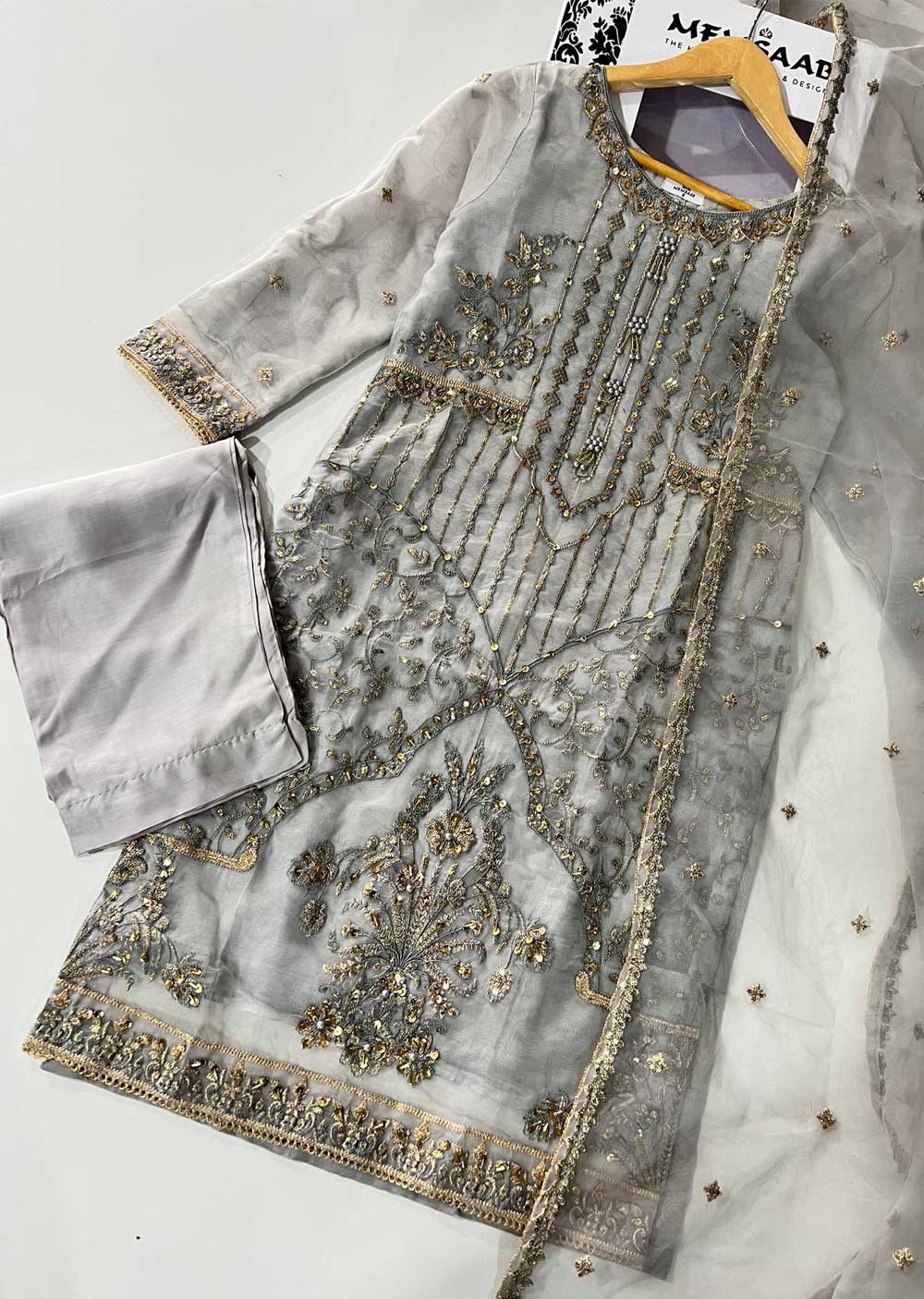 KLD319 JANA - Grey Readymade Organza Suit - Image 4