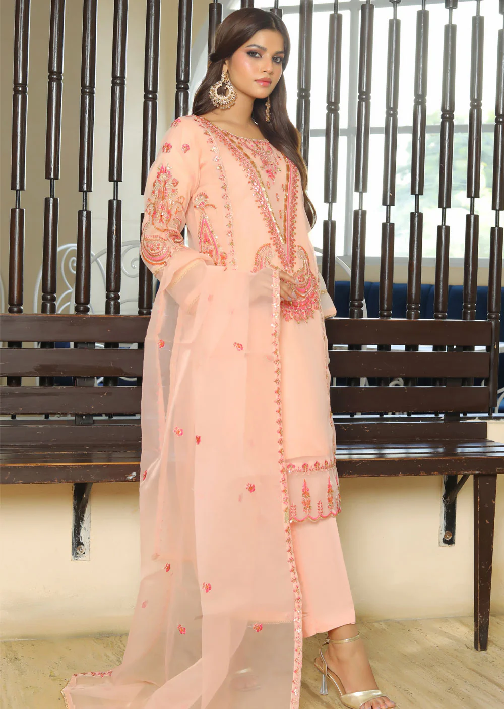KLD320 Kaif - Peach Readymade Organza Suit - Image 2