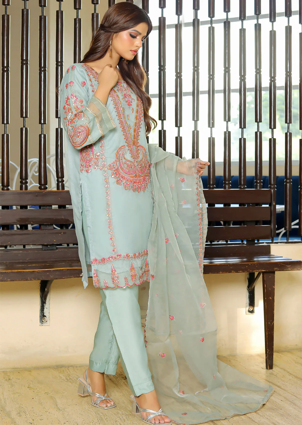 KLD320 Kaif - Grey Readymade Organza Suit - Image 2
