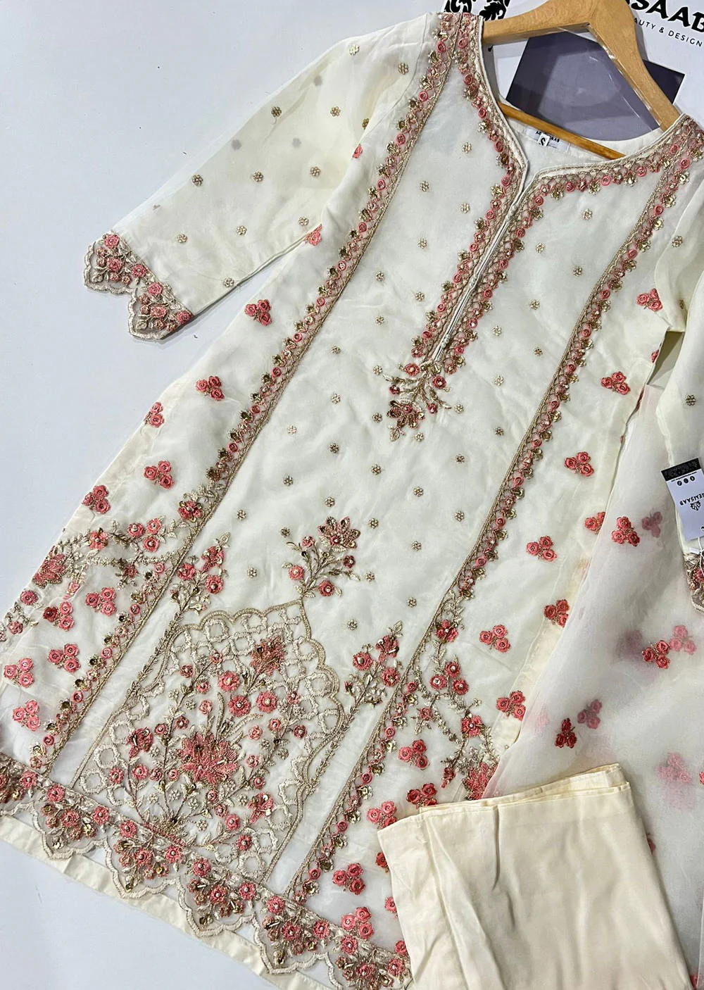 KLD321 Leem - Cream Readymade Organza Suit - Image 4