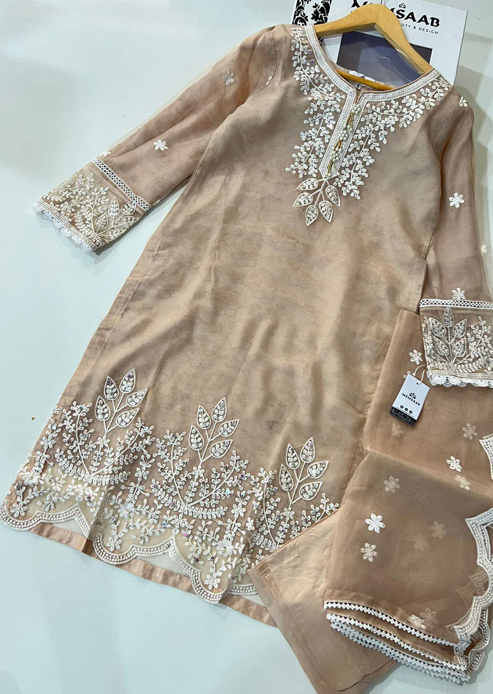 KLD322 Lamisa - Beige Readymade Organza Suit - Image 3