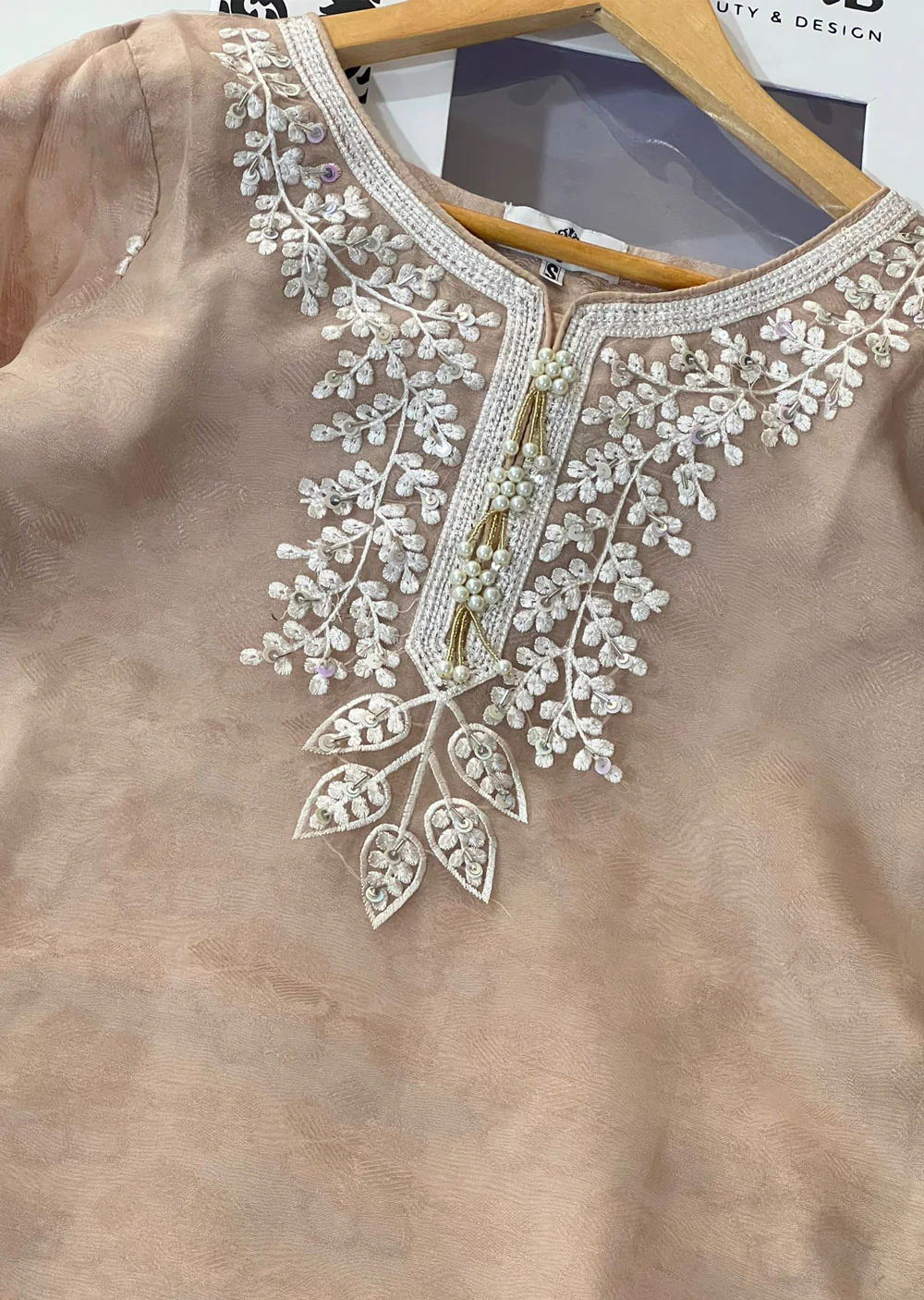 KLD322 Lamisa - Beige Readymade Organza Suit - Image 4