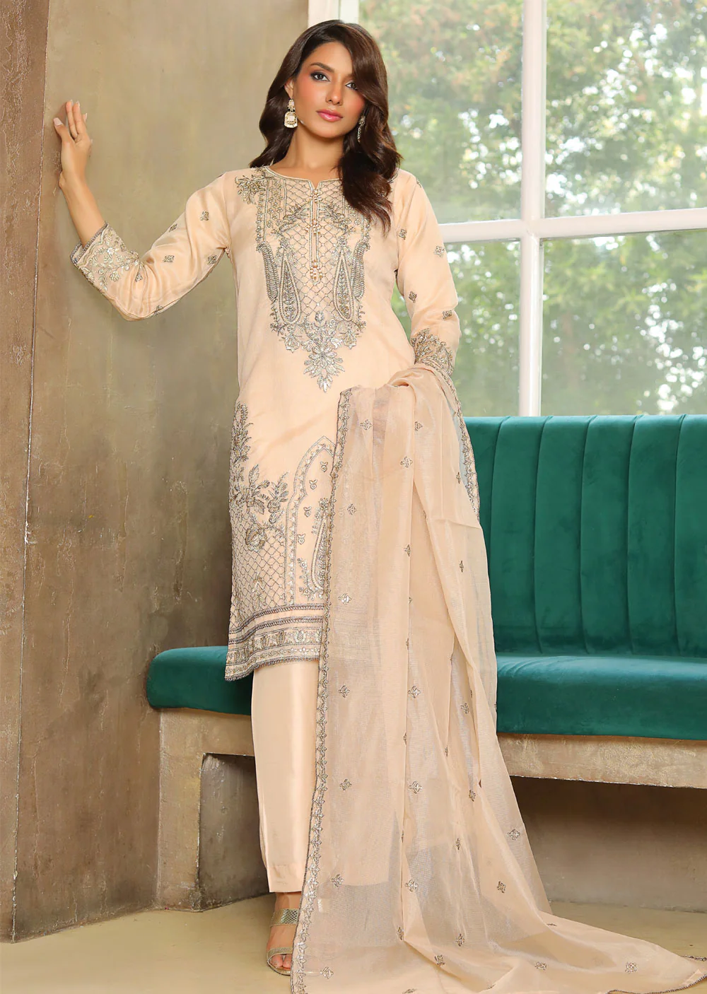 KLD324 Myra - Beige Readymade Cotton net suit