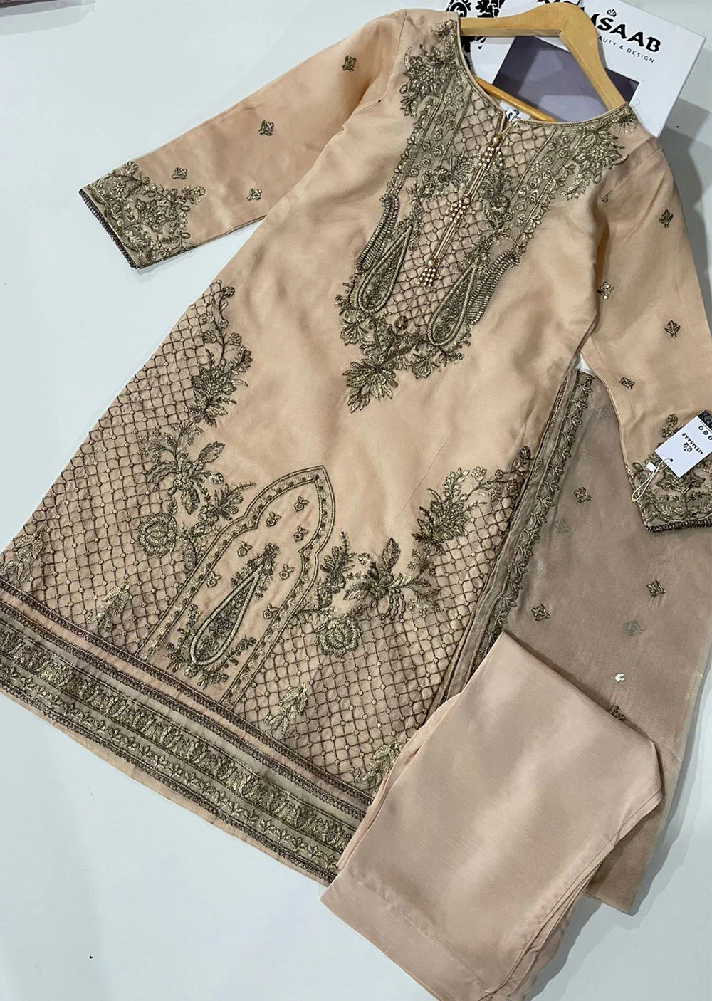 KLD324 Myra - Beige Readymade Cotton net suit - Image 4