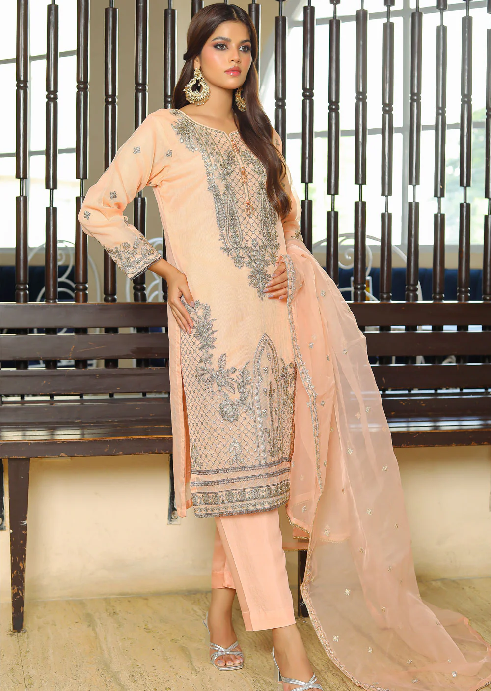 KLD324 Myra - Peach Readymade Cotton net suit - Image 2